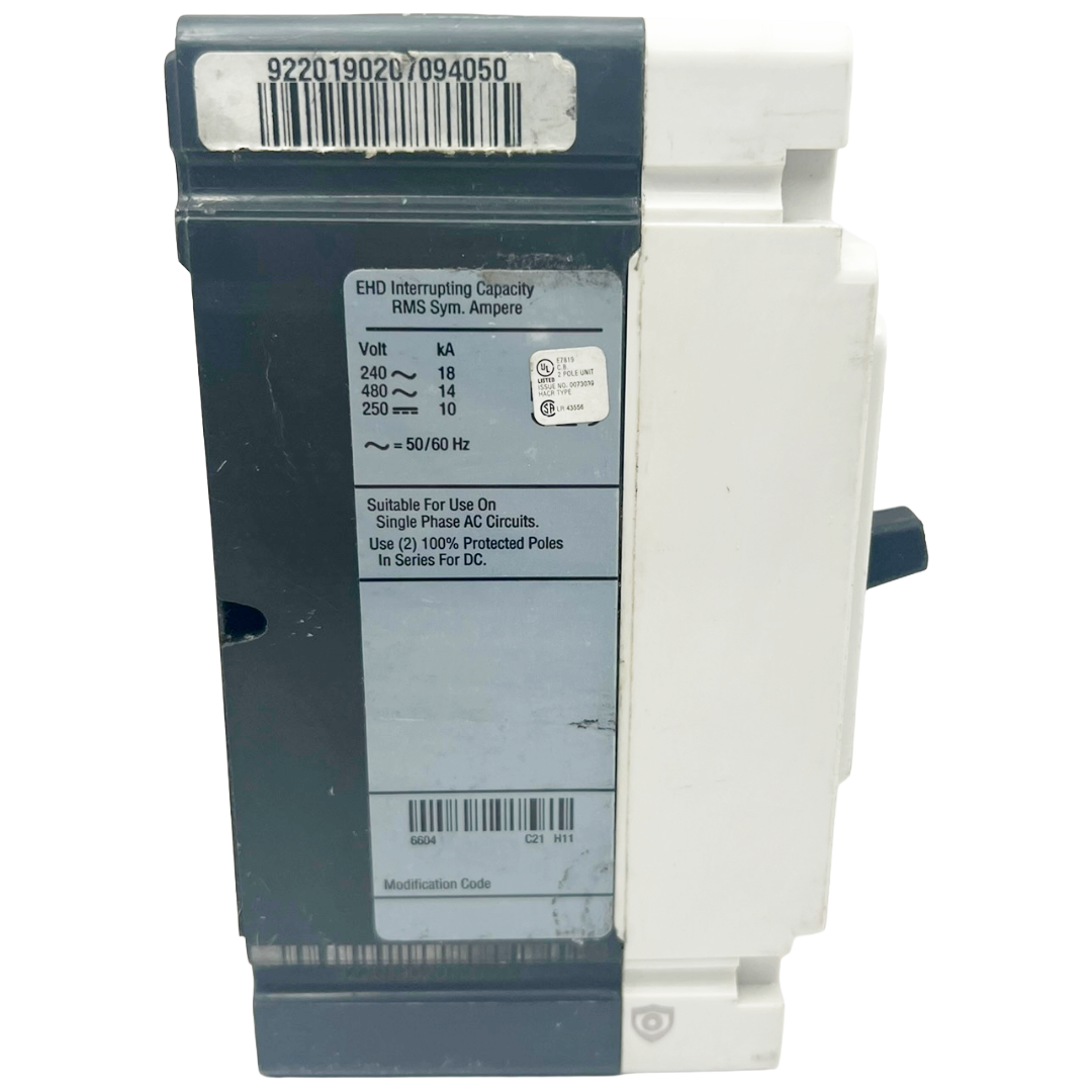 Electrical breaker with label and barcode on a white background