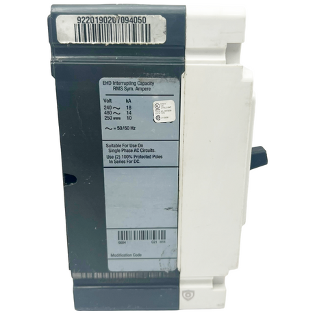 Electrical breaker with label and barcode on a white background