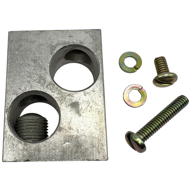 Metal bracket with two holes and four screws on a white background