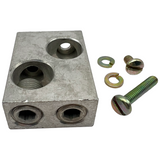 Metal block with multiple holes and screws on a white background