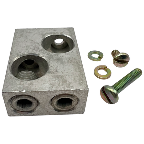 Metal block with multiple holes and screws on a white background