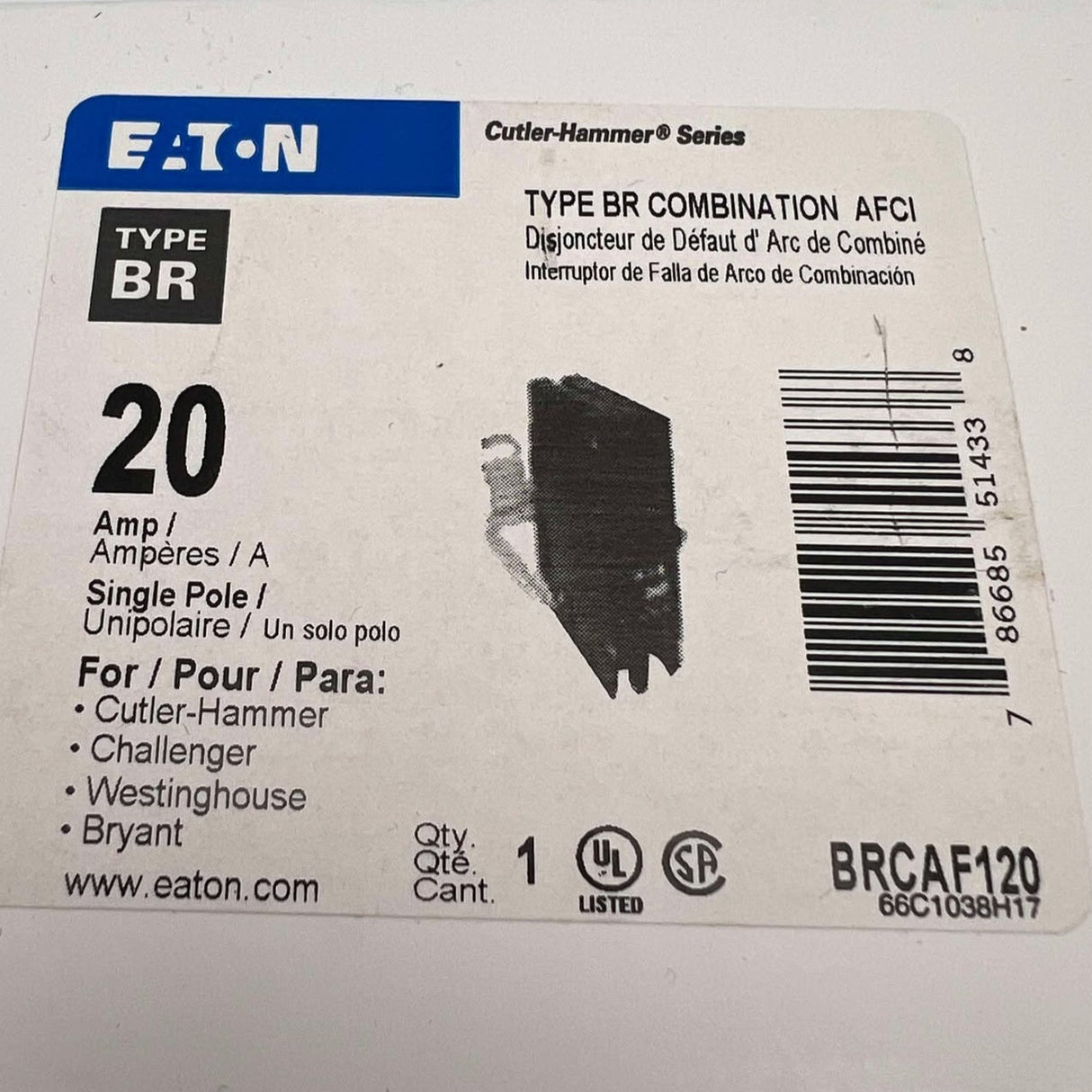 Eaton BRCAF120 - 20 Amp Combination Arc Fault Circuit Breaker