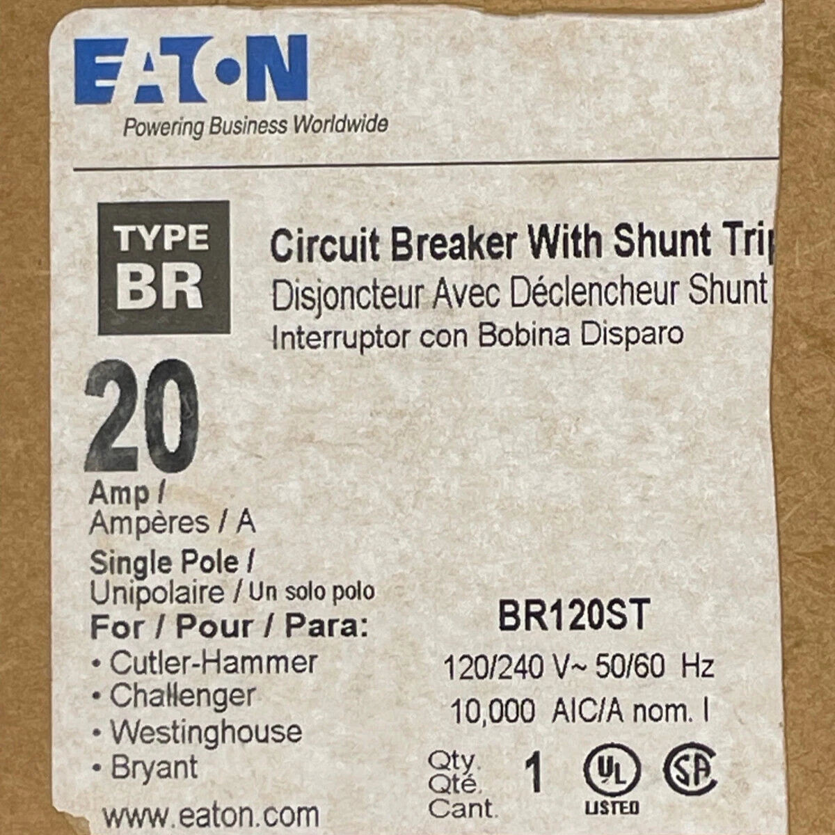 Eaton BR 1 Pole, 20 Amp Circuit Breaker with Shunt Trip