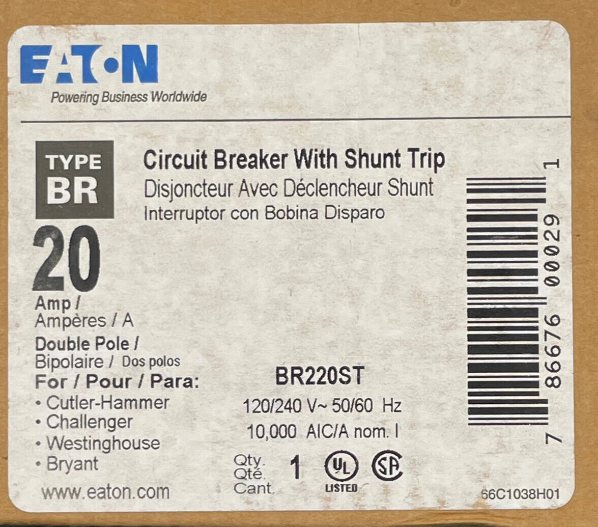 Eaton BR 2 Pole, 20 Amp Circuit Breaker with Shunt Trip