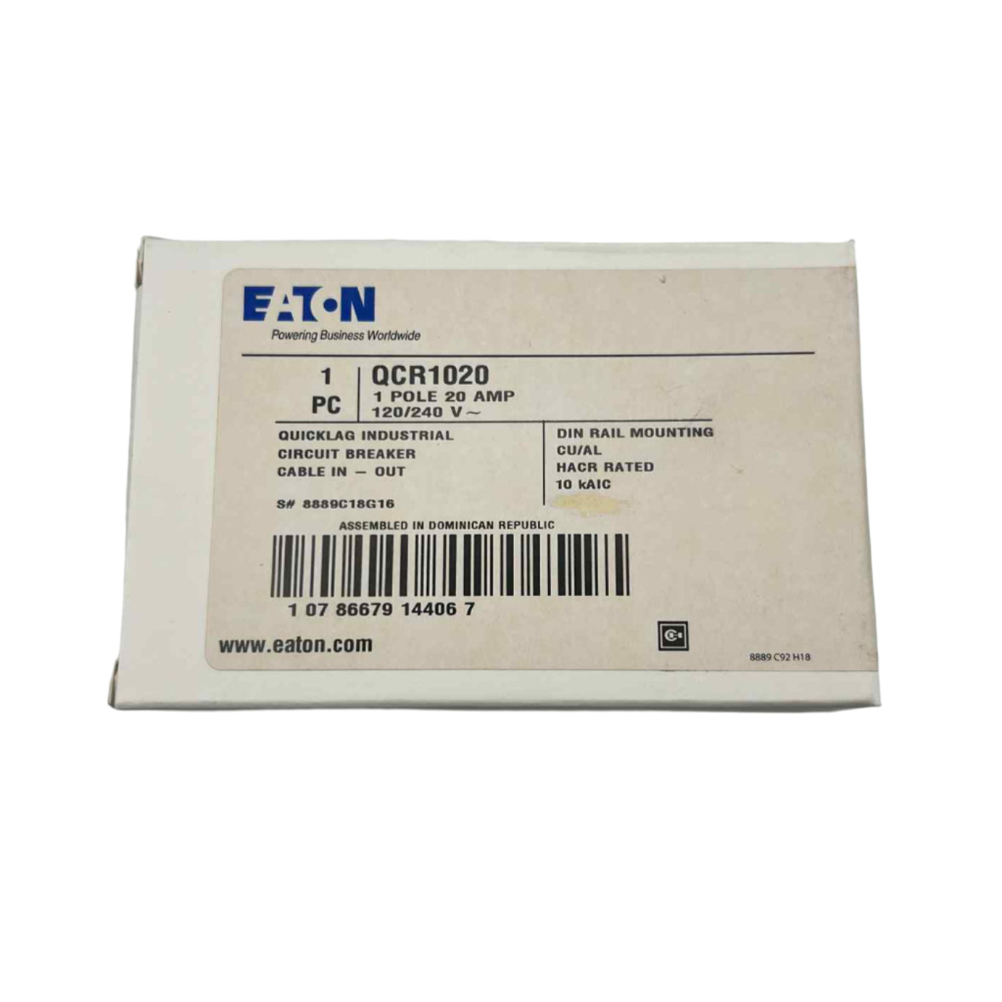 Eaton QCR 20 Amp, 1 Pole Quicklag Industrial Circuit Breaker