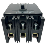 Black electrical circuit breaker with visible brand name on a white background