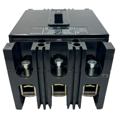 Black electrical circuit breaker with visible brand name on a white background