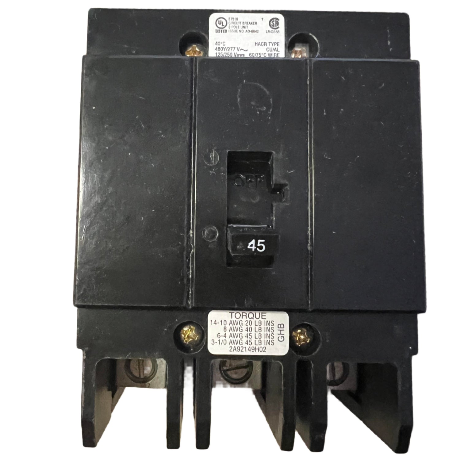 Eaton GHB 45 Amp, 3 Pole Bolt-On Circuit Breaker