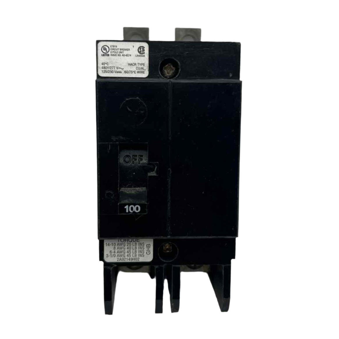 Eaton GHB 100 Amp, 2 Pole Bolt-On Circuit Breaker