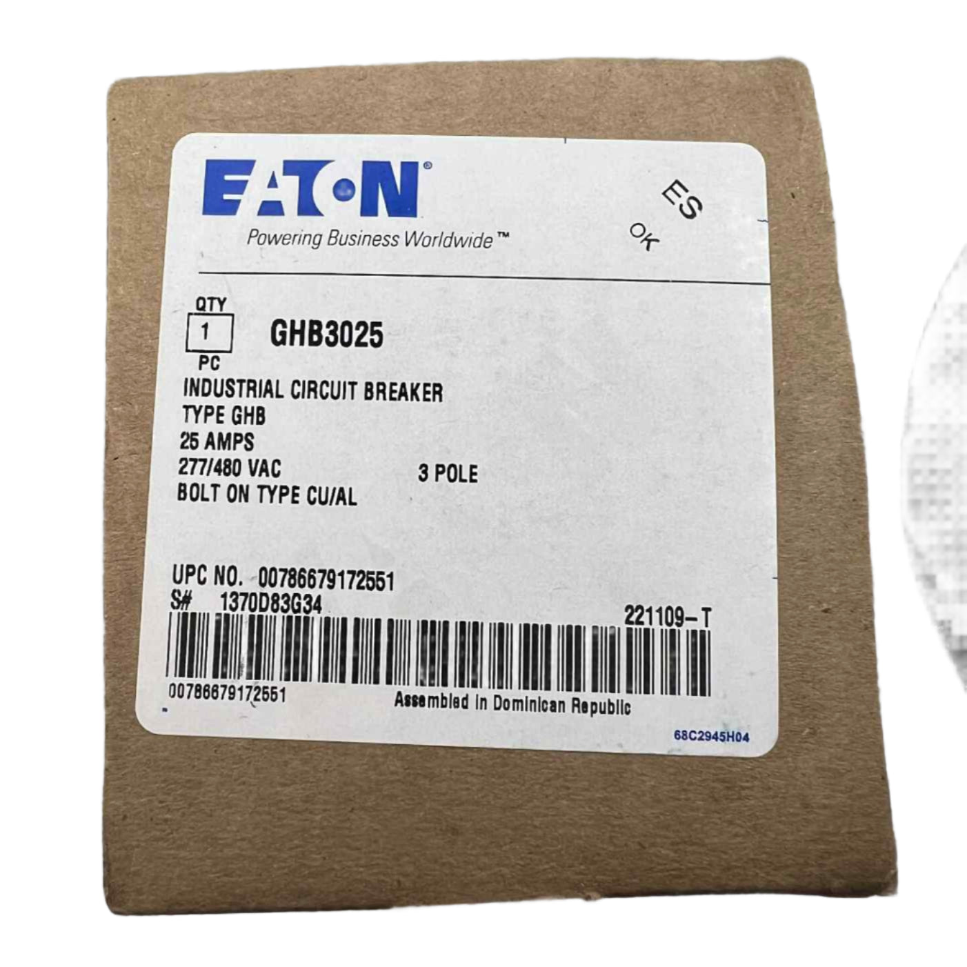 Eaton GHB 25 Amp, 3 Pole Bolt-On Circuit Breaker