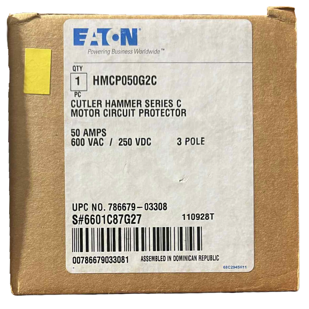 Cardboard box with Eaton label and product details on a white background