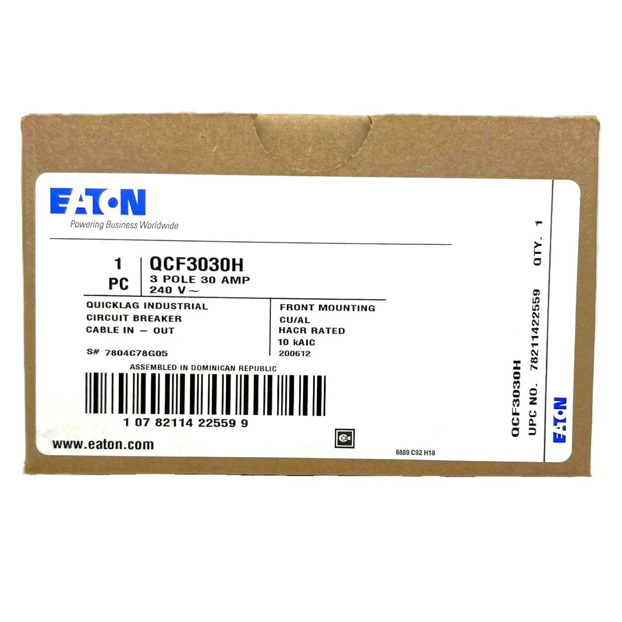 Eaton QCF 3 Pole, 30 Amp Circuit Breaker