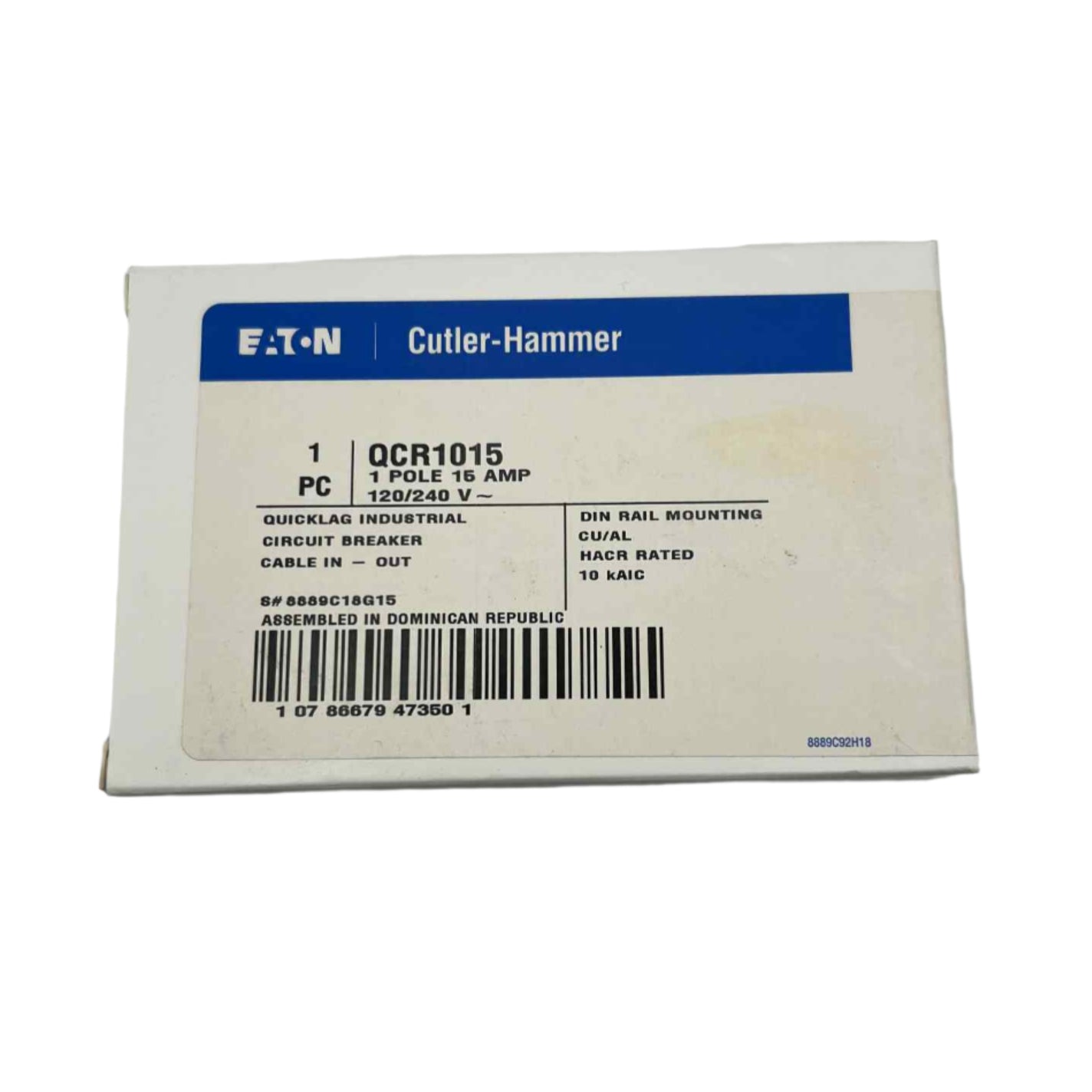 Eaton QCR 15 Amp, 1 Pole Quicklag Industrial Circuit Breaker