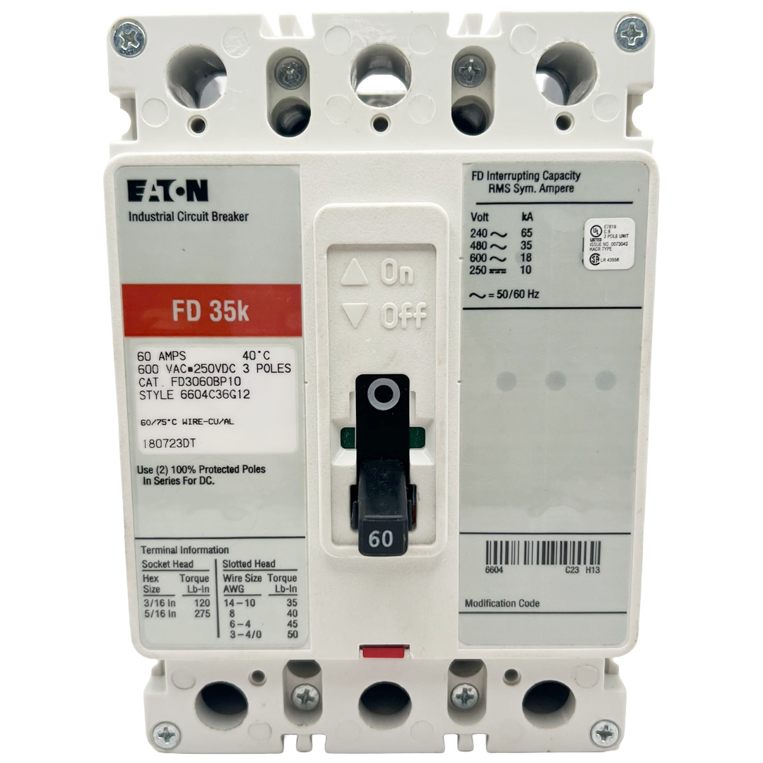 Eaton industrial circuit breaker with label on a white background