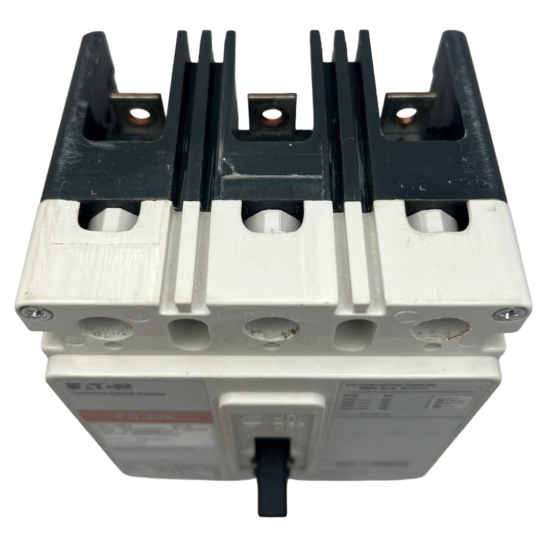 Electrical circuit breaker with metallic and black components on a white background
