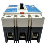 Electrical circuit breaker with blue label on a white background