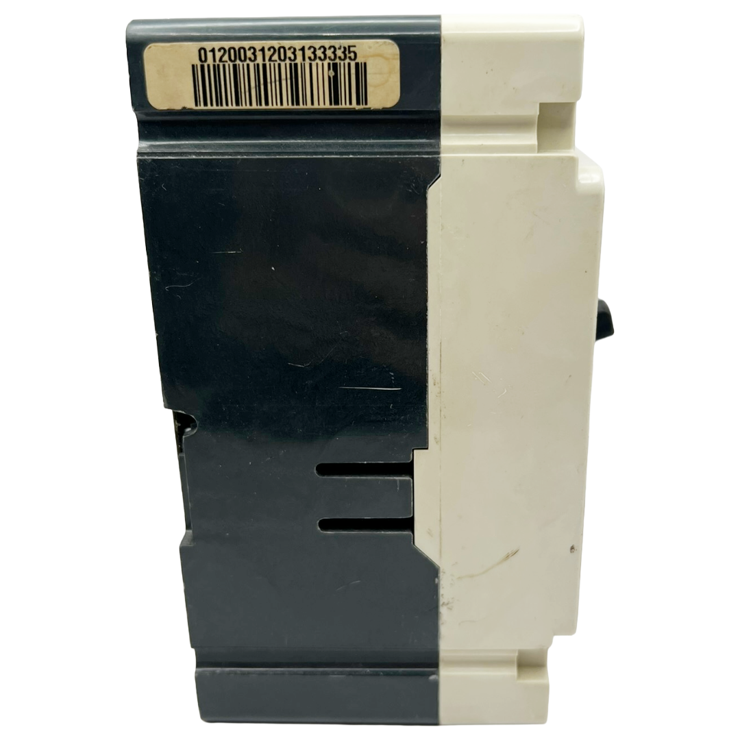 Black and white electronic component with a barcode label on a white background