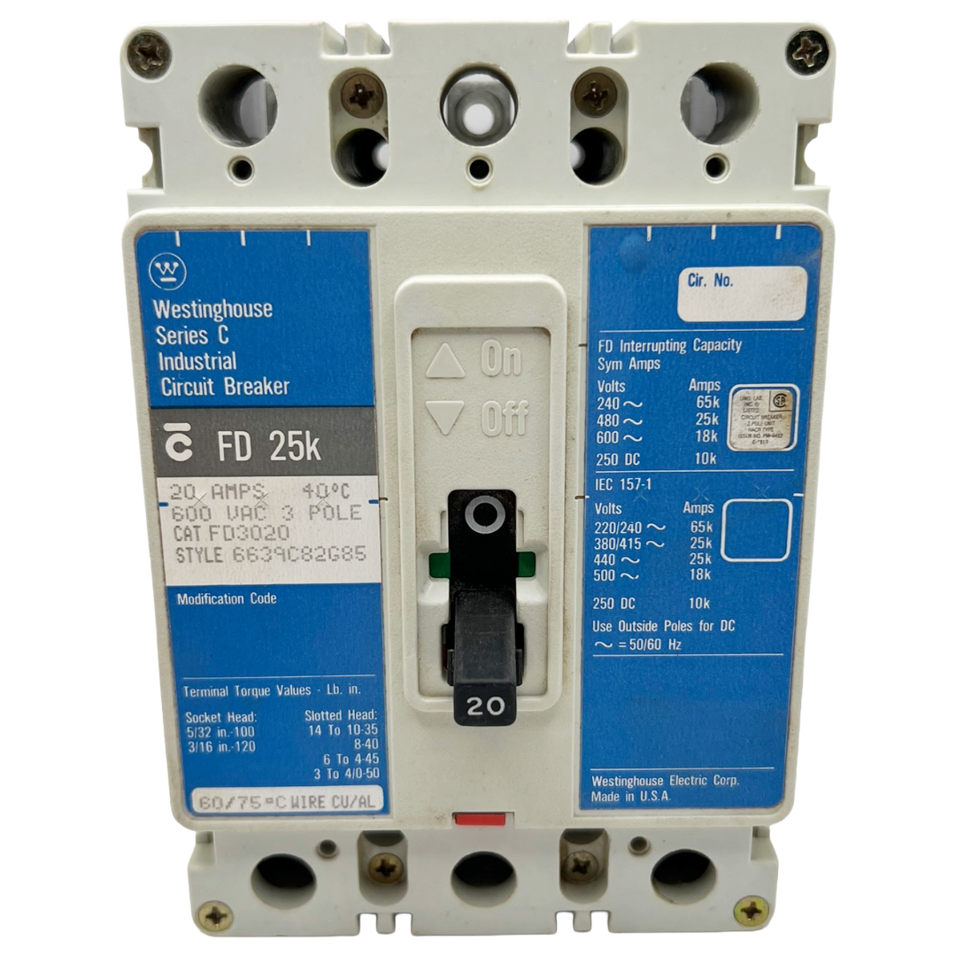Westinghouse industrial circuit breaker with blue and gray label on a white background