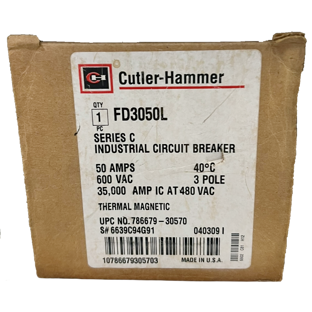 Cutler-Hammer industrial circuit breaker packaging with specifications on a white background