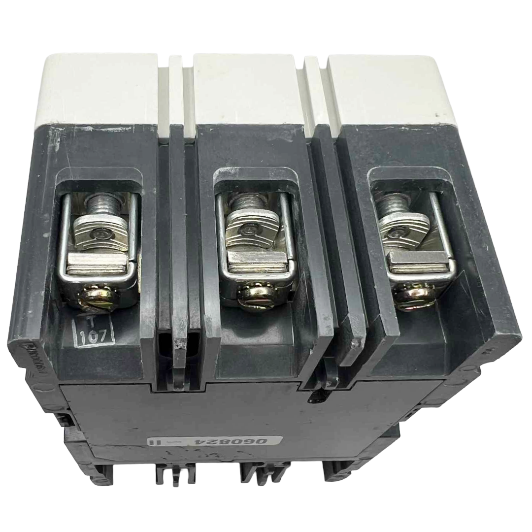 Electrical circuit breaker with three silver contacts on a white background