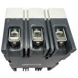 Electrical circuit breaker with three silver contacts on a white background