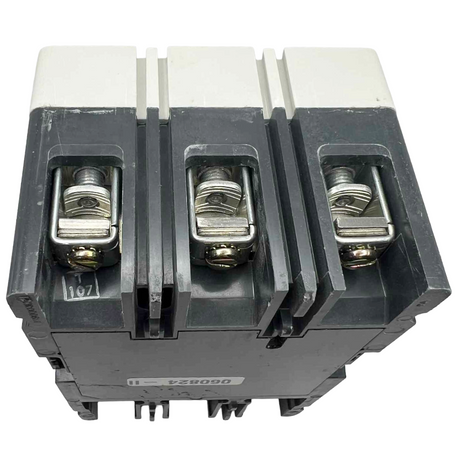 Electrical circuit breaker with three silver contacts on a white background