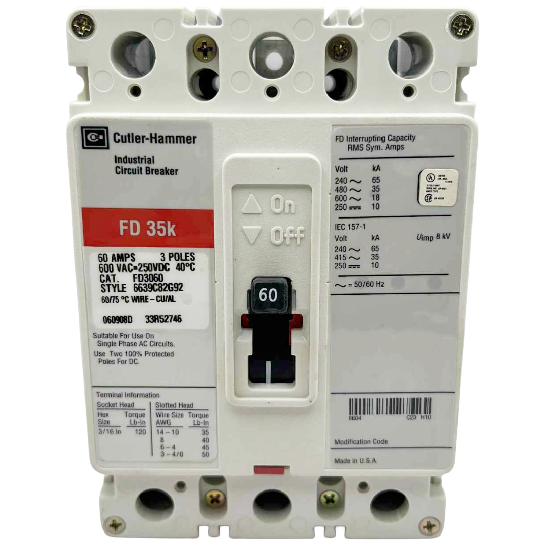 Cutler-Hammer industrial circuit breaker with specifications on a white background