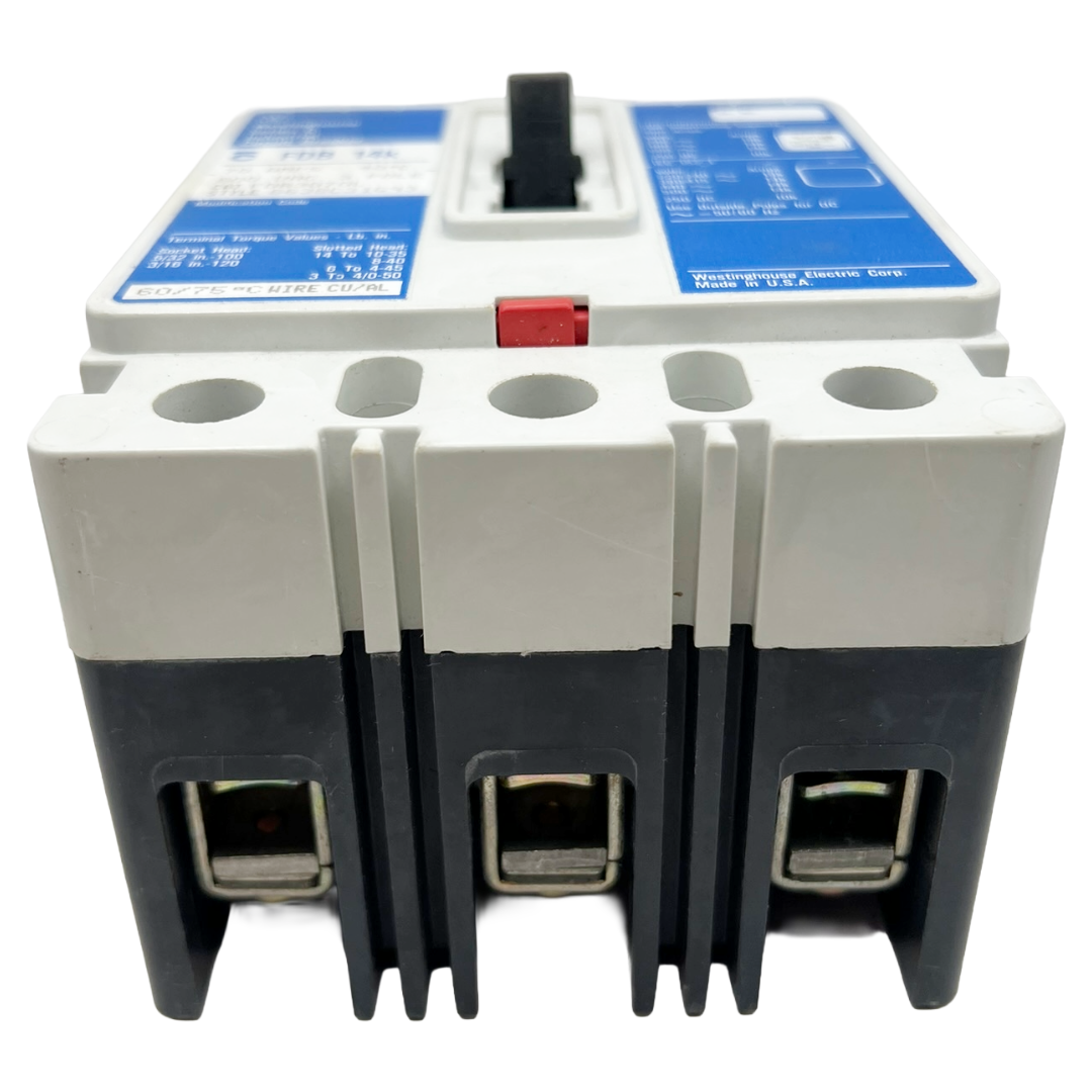 Electrical circuit breaker with blue label on a white background