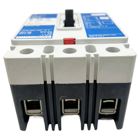 Electrical circuit breaker with blue label on a white background