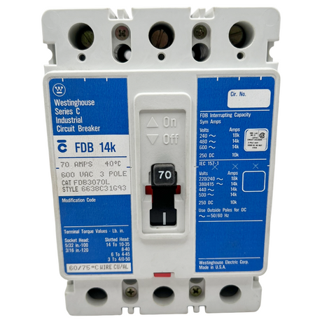 Westinghouse industrial circuit breaker with blue label on a white background