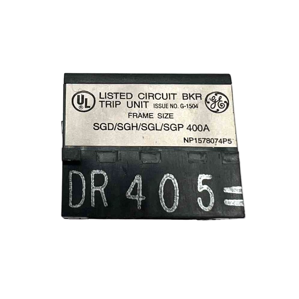 Circuit breaker trip unit with UL and GE branding on a white background