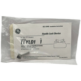 Packaged handle lock device with General Electric branding and installation instructions.