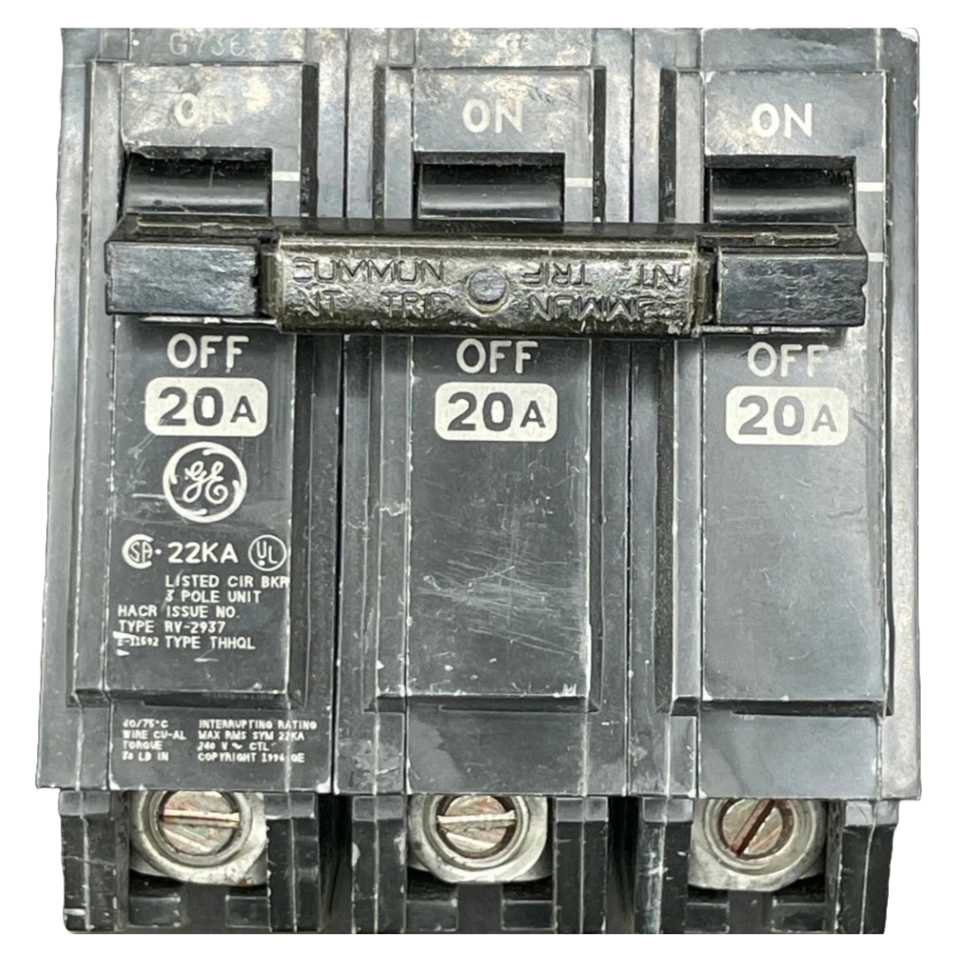 GE THHQL 20 Amp, Plug-In, 3 Pole, 22kAIC Circuit Breaker