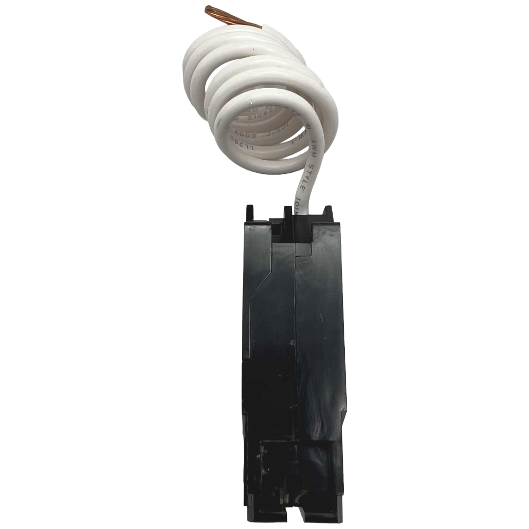 Black electrical component with white wires on a white background
