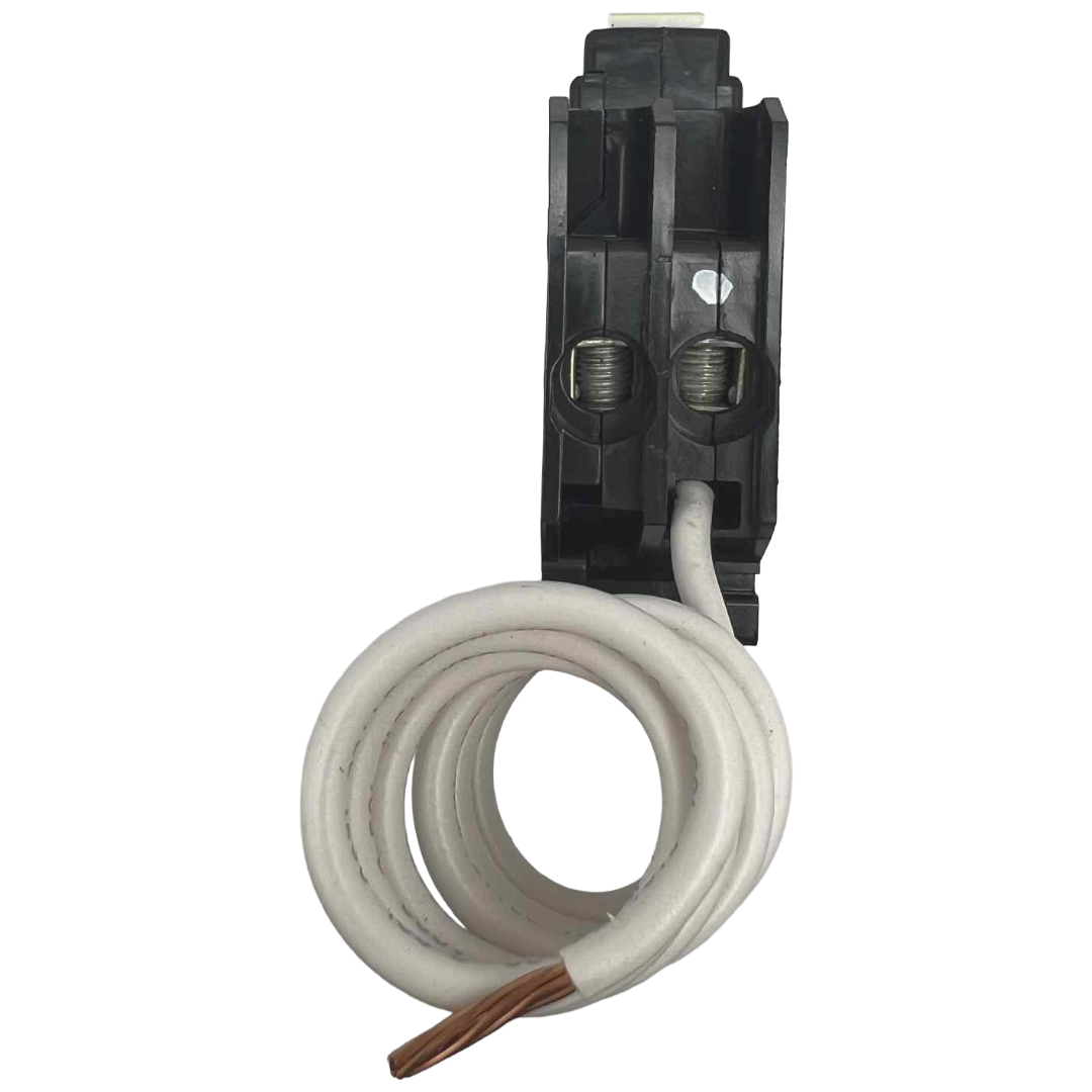 Black electrical circuit breaker with white cable on a white background