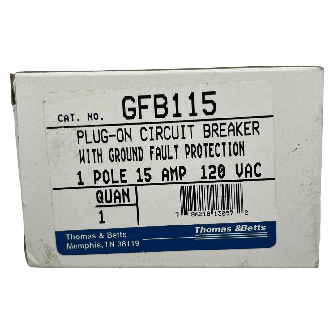 Box of Thomas & Betts GFB115 plug-on circuit breaker with ground fault protection on a white background