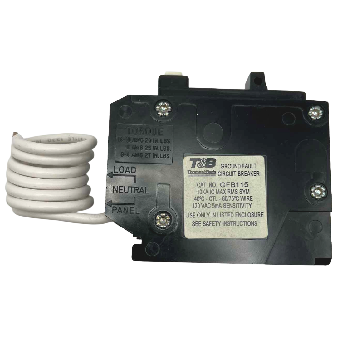 T&B ground fault circuit breaker with wiring on a white background