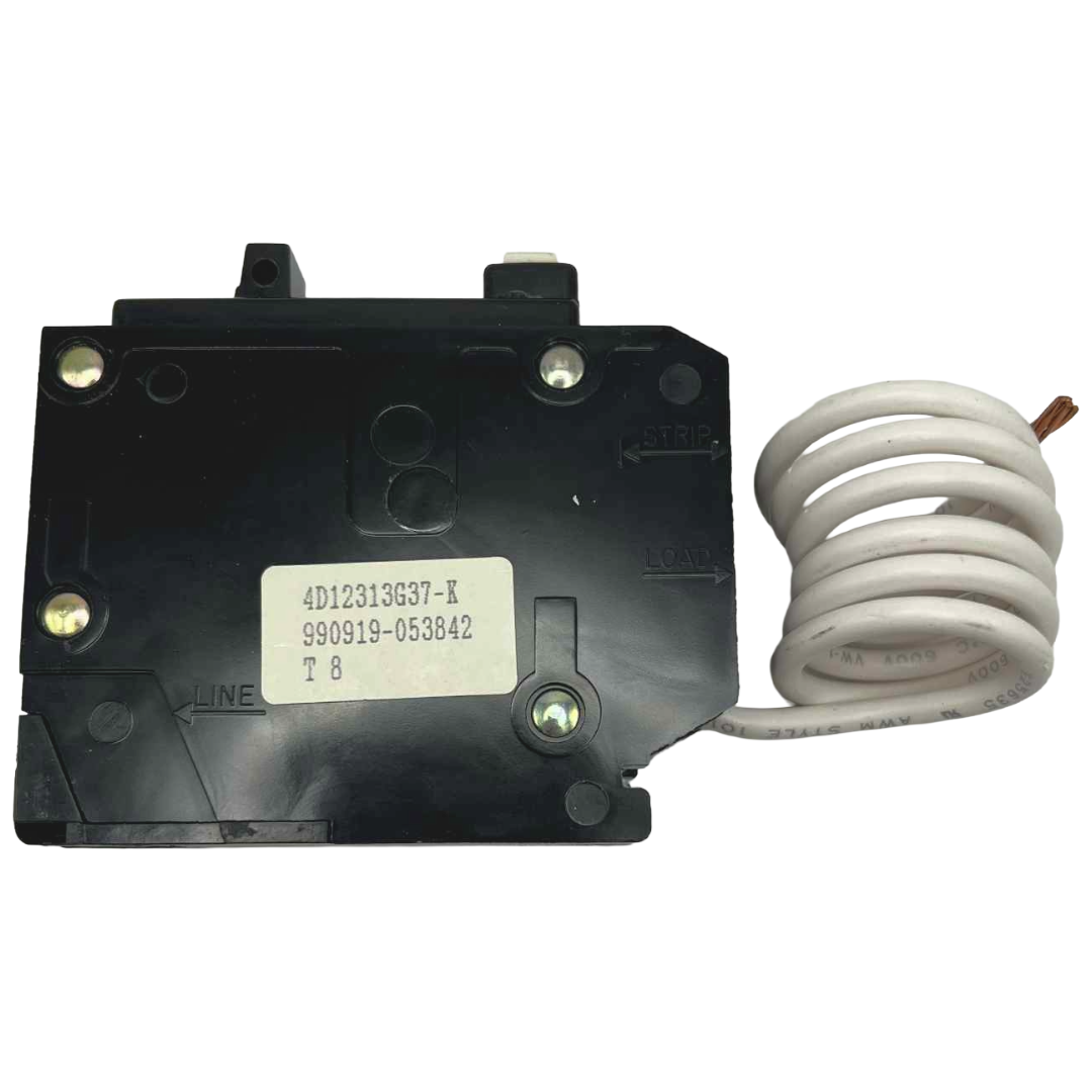 Black electrical component with a white coil on a white background