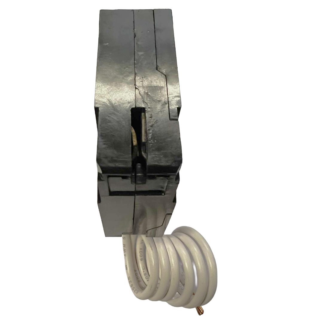 Black circuit breaker with a coiled white cable on a white background