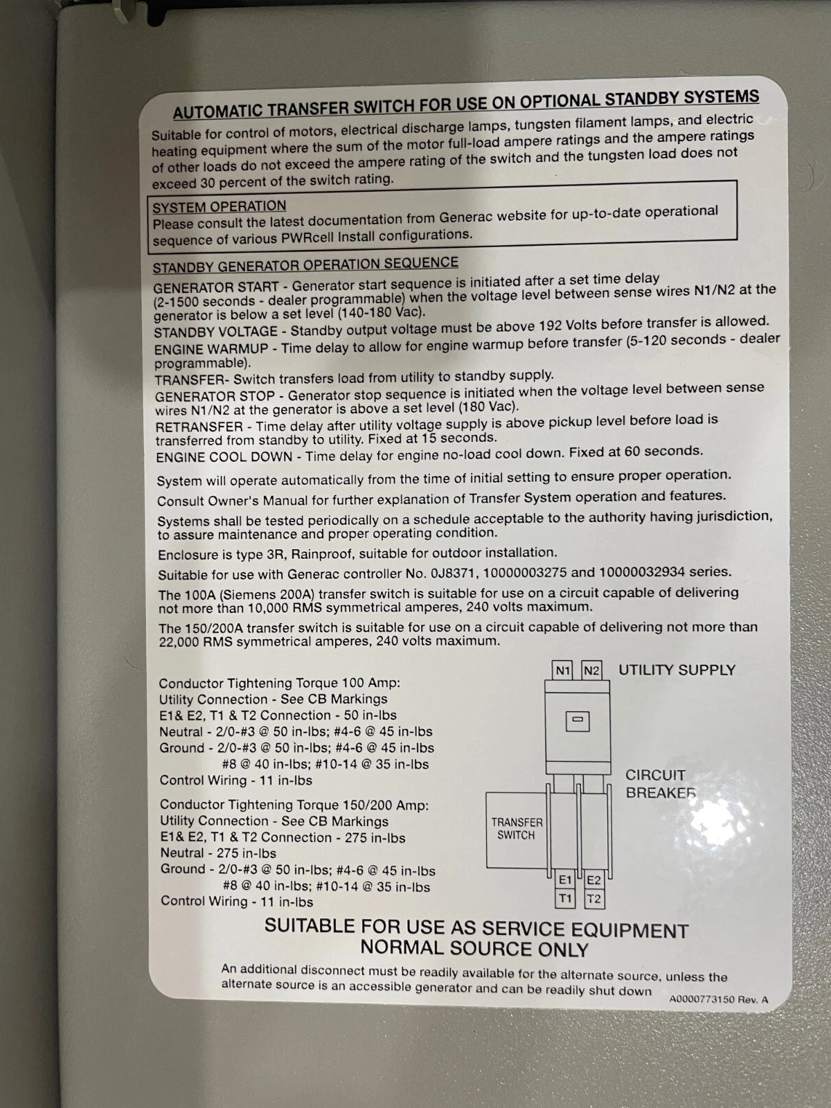 Generac PWR CELL 200 Amp Automatic Transfer Switch