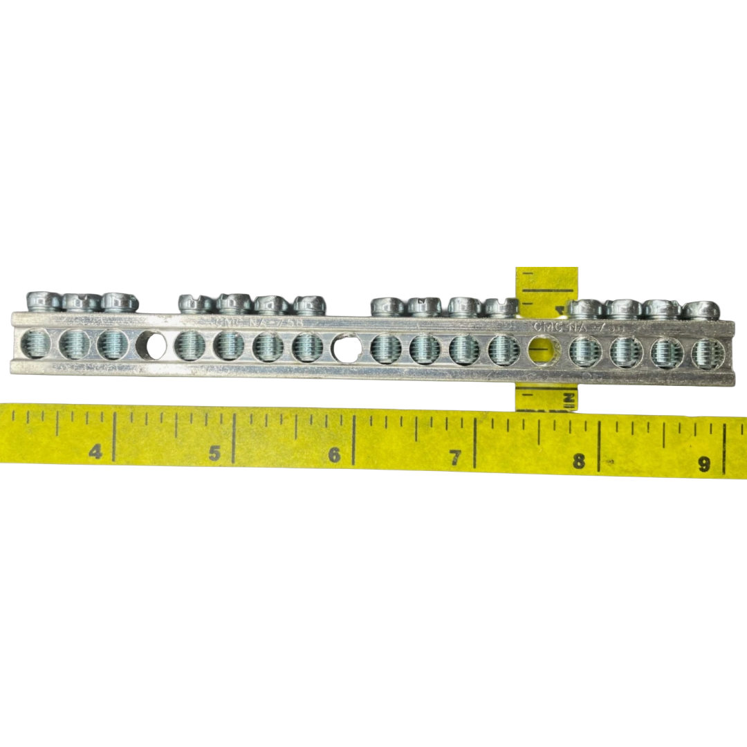 Metal rod with threaded holes and a yellow measuring tape for scale on a white background