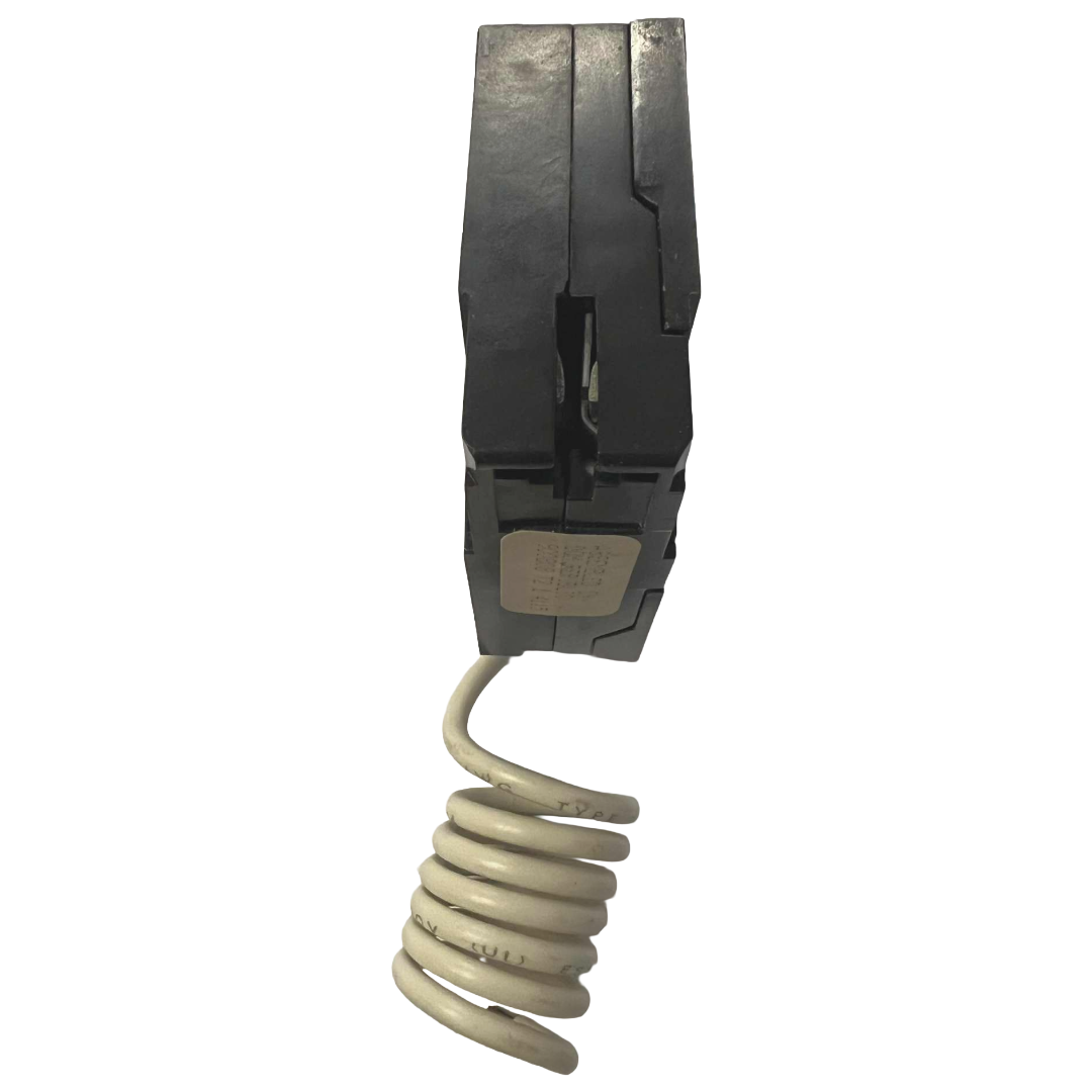 Black electrical circuit breaker with white coiled cord on a white background 