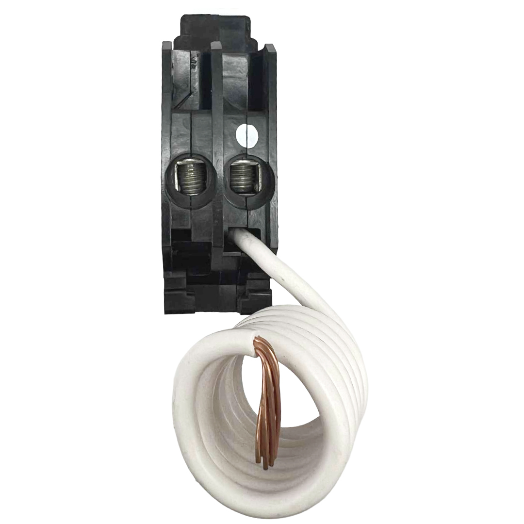 Electrical circuit breaker with white wire and black housing on a white background