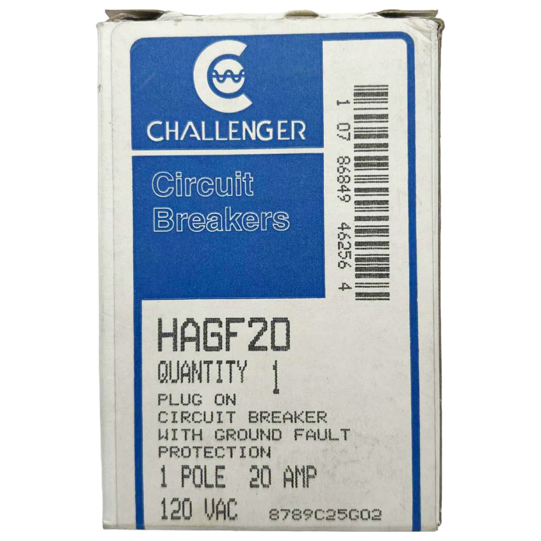 Box of Challenger circuit breakers with specifications on a white background