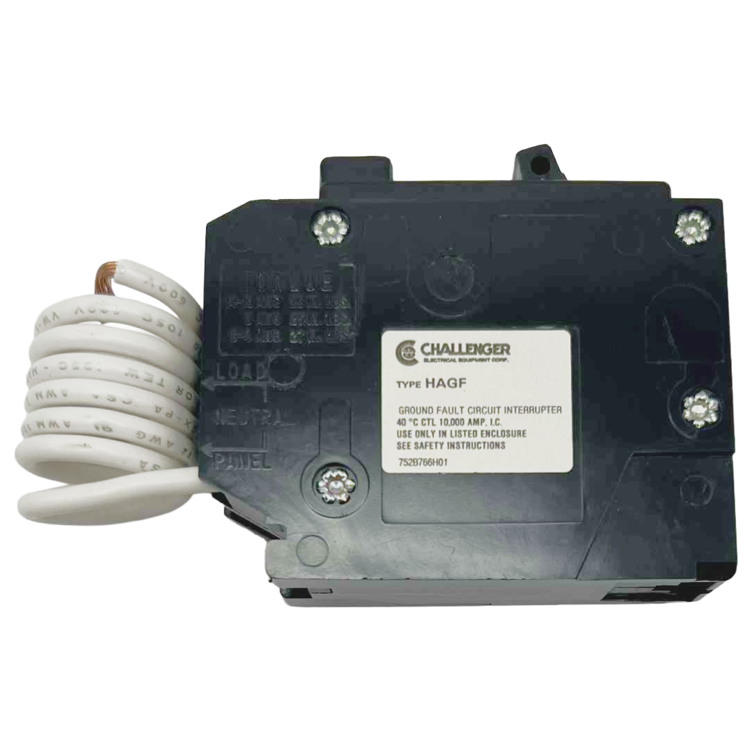 Electrical circuit breaker with white wires on a white background, branded 'Challenger'.