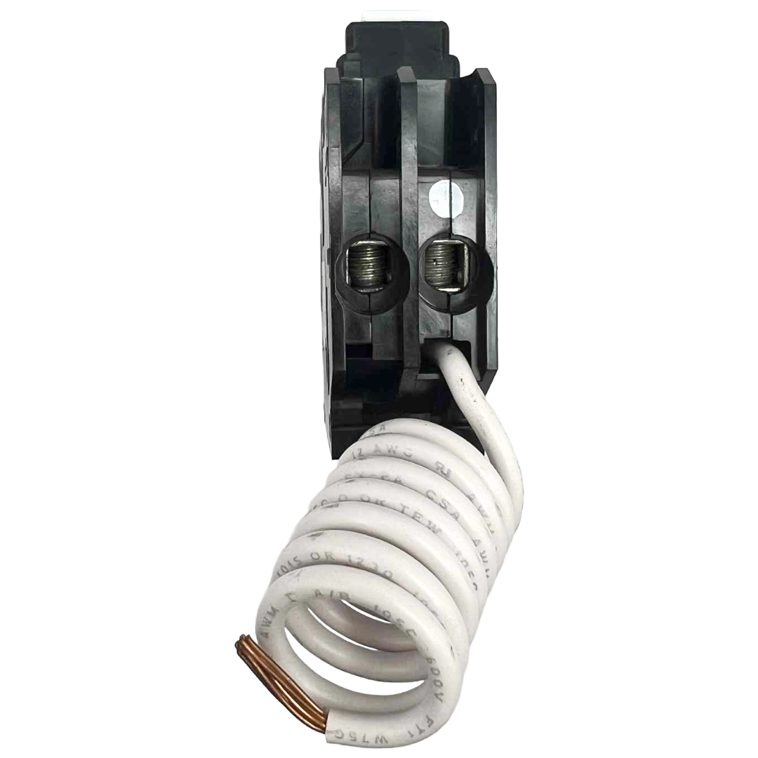 Coiled white cable with a black electrical circuit breaker on a white background