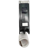 Electrical circuit breaker with coiled white cable on a white background
