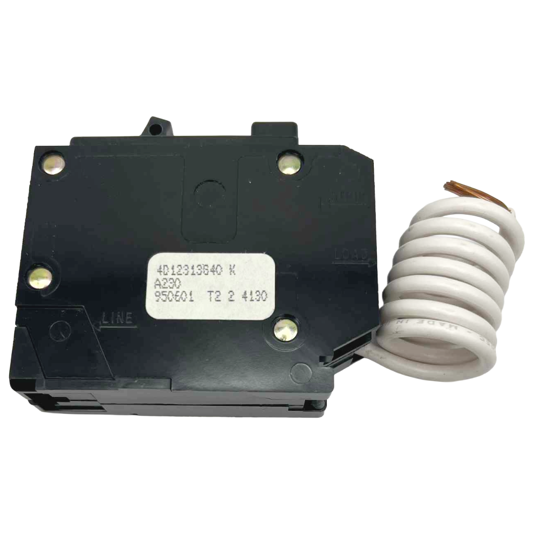 Black electrical component with white wire on a white background