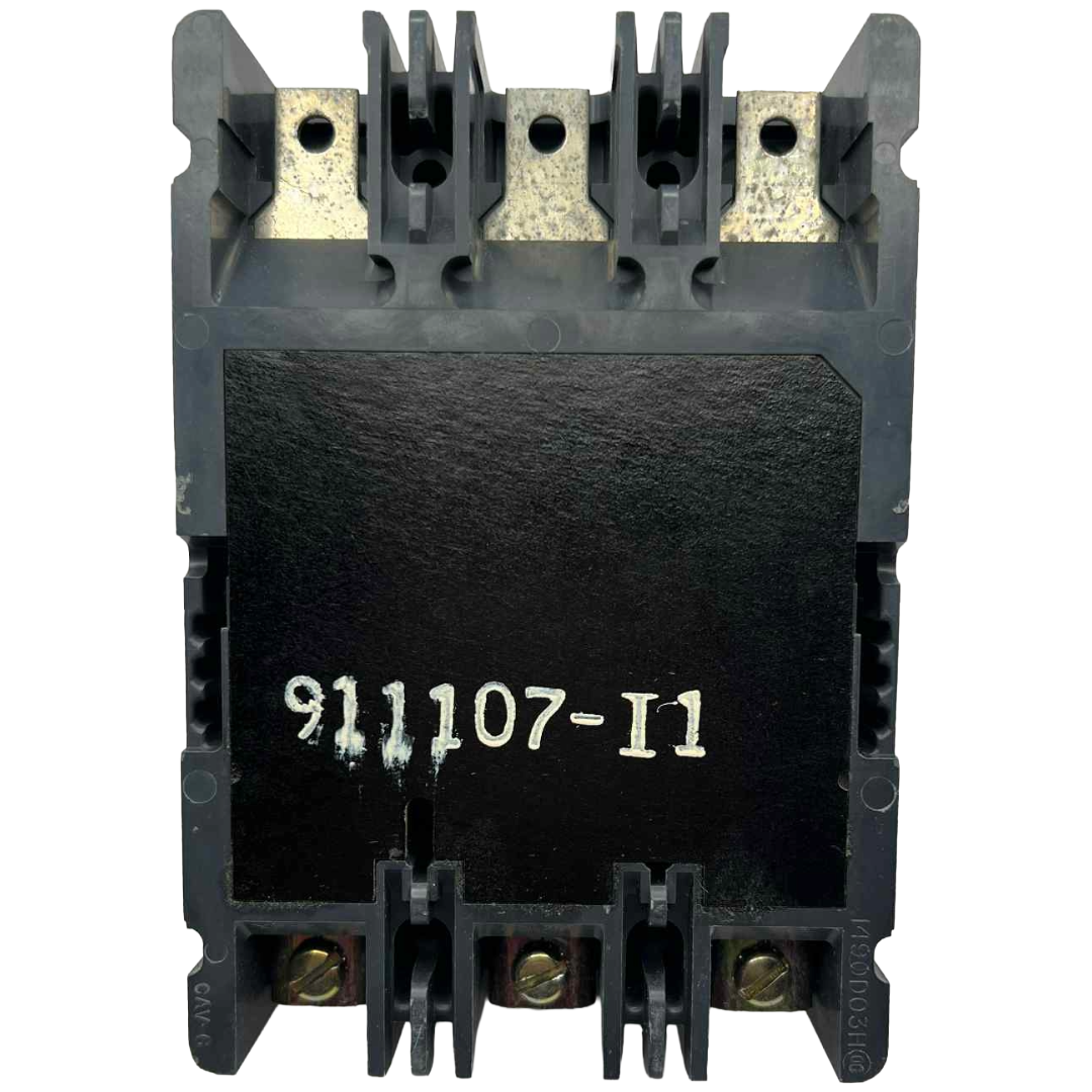 Black electrical component with terminals and a serial number on a white background