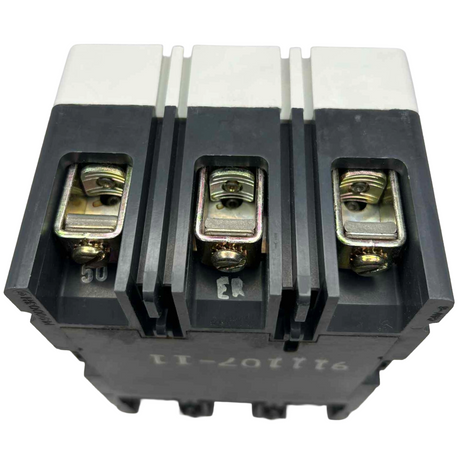 Electrical circuit breaker with three terminals on a white background